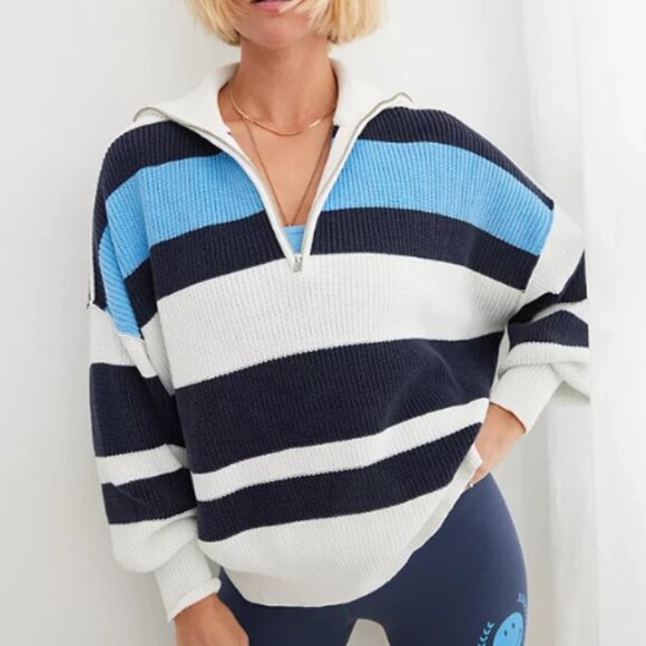 aerie Sweaters - Aerie 1/4 Zip Beyond Sweater, Oversized Fit Blue Stripe Cotton Ribbed Sweater XS